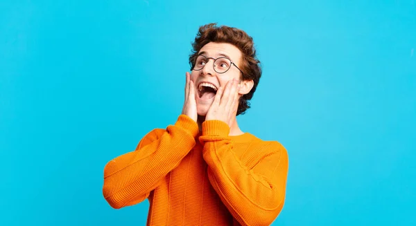 Young Handsome Boy Feeling Happy Excited Surprised Looking Side Both — Stock Photo, Image