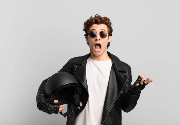 Motorbike Rider Boy Feeling Happy Excited Surprised Shocked Smiling Astonished — Stock Photo, Image