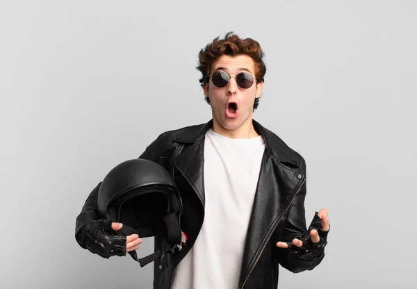 Motorbike Rider Boy Open Mouthed Amazed Shocked Astonished Unbelievable Surprise — Stock Photo, Image