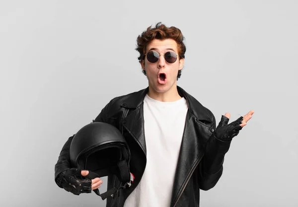 Motorbike Rider Boy Looking Surprised Shocked Jaw Dropped Holding Object — Stock Photo, Image