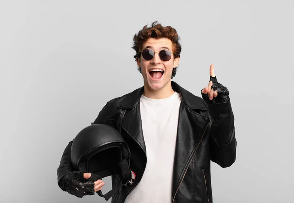 Motorbike Rider Boy Feeling Happy Excited Genius Realizing Idea Cheerfully — Stock Photo, Image