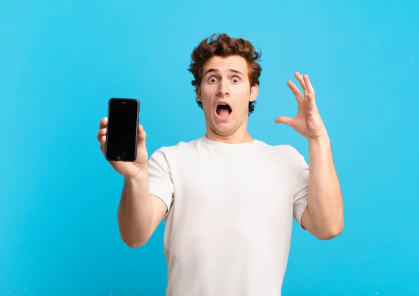 Young Boy Screaming Hands Air Feeling Furious Frustrated Stressed Upset — Stock Photo, Image