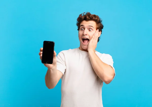 Young Boy Feeling Happy Excited Surprised Looking Side Both Hands — Stock Photo, Image