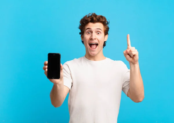 Young Boy Feeling Happy Excited Genius Realizing Idea Cheerfully Raising — Stock Photo, Image