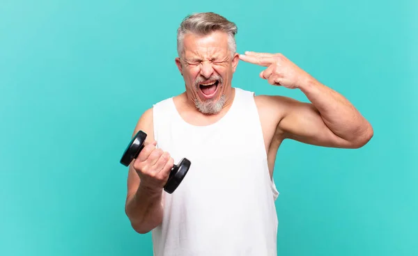 Senior Athlete Man Looking Unhappy Stressed Suicide Gesture Making Gun — Stock Photo, Image