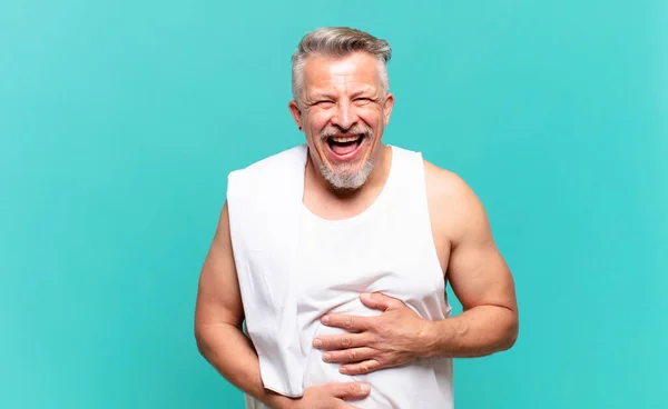 Mayor Atleta Hombre Riendo Voz Alta Algún Chiste Hilarante Sentirse — Foto de Stock