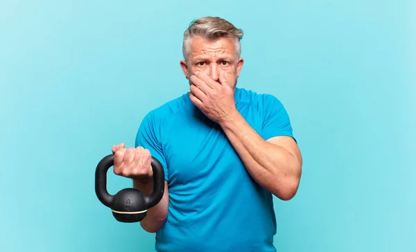 Senior Athlete Man Covering Mouth Hands Shocked Surprised Expression Keeping — Stock Photo, Image