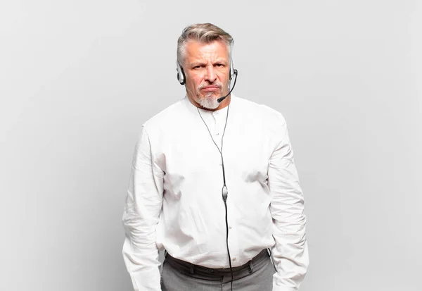 Senior Telemarketer Feeling Sad Upset Angry Looking Side Negative Attitude — Stock Photo, Image