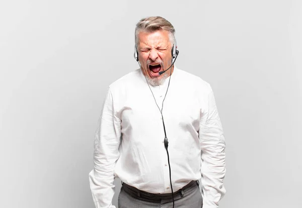 Senior Telemarketer Shouting Aggressively Looking Very Angry Frustrated Outraged Annoyed — Stock Photo, Image