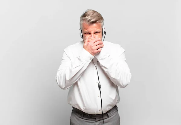 Senior Telemarketer Covering Mouth Hands Shocked Surprised Expression Keeping Secret — Stock Photo, Image
