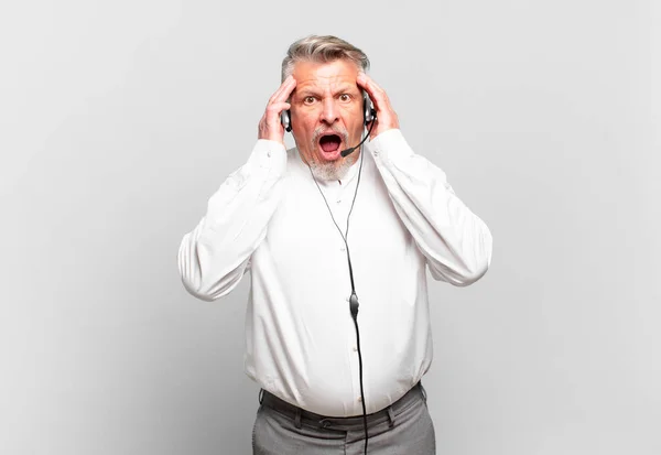 Senior Telemarketer Feeling Happy Excited Surprised Looking Side Both Hands — Stock Photo, Image