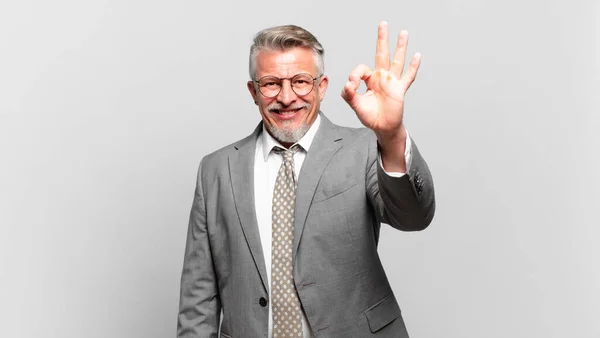 Senior Businessman Feeling Happy Relaxed Satisfied Showing Approval Okay Gesture — Stock Photo, Image