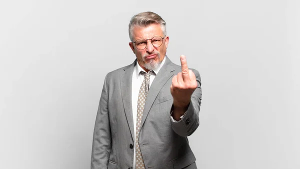 Senior Businessman Feeling Angry Annoyed Rebellious Aggressive Flipping Middle Finger — Stock Photo, Image