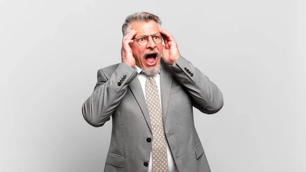 Senior Businessman Feeling Happy Excited Surprised Looking Side Both Hands — Stock Photo, Image