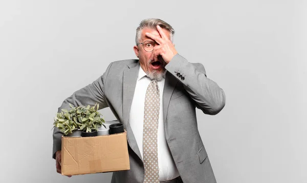 Retired Senior Businessman Looking Shocked Scared Terrified Covering Face Hand — Stock Photo, Image