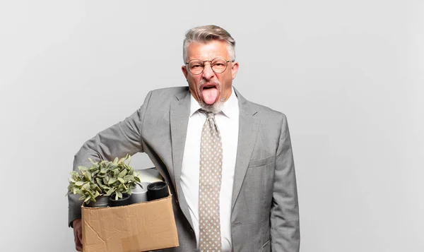 Retired Senior Businessman Feeling Disgusted Irritated Sticking Tongue Out Disliking — Stock Photo, Image