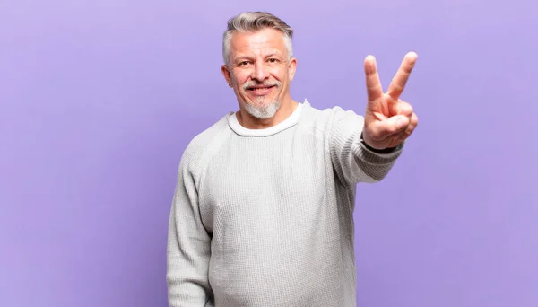 Old Senior Man Smiling Looking Happy Carefree Positive Gesturing Victory — Foto Stock
