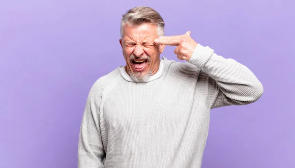 Old Senior Man Looking Unhappy Stressed Suicide Gesture Making Gun — Stock Photo, Image