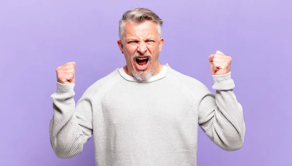 Old Senior Man Shouting Aggressively Angry Expression Fists Clenched Celebrating — Photo