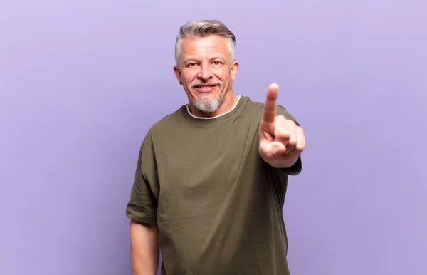 Old Senior Man Smiling Proudly Confidently Making Number One Pose —  Fotos de Stock