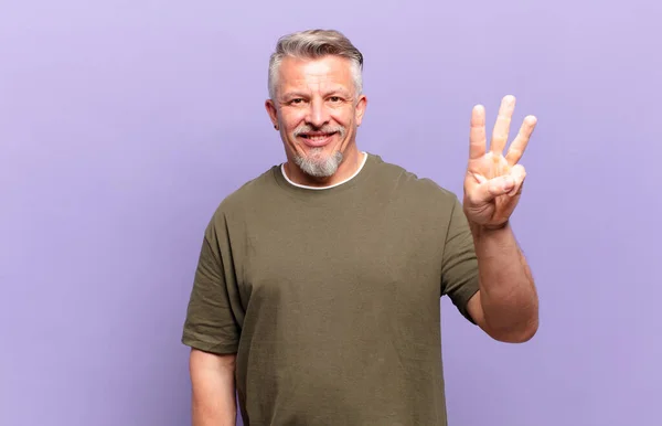 Old Senior Man Smiling Looking Friendly Showing Number Three Third — Stockfoto