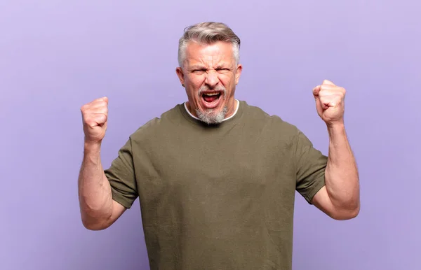 Old Senior Man Shouting Aggressively Angry Expression Fists Clenched Celebrating — Photo