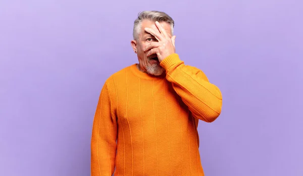 Old Senior Man Looking Shocked Scared Terrified Covering Face Hand —  Fotos de Stock