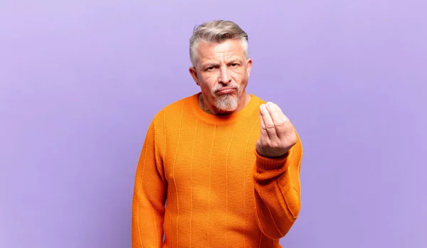 Old Senior Man Making Capice Money Gesture Telling You Pay — Stock Photo, Image