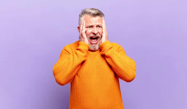 Old Senior Man Feeling Happy Excited Surprised Looking Side Both — Stockfoto