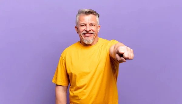 Old Senior Man Pointing Camera Satisfied Confident Friendly Smile Choosing — Photo