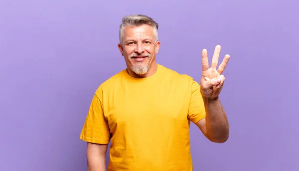 Old Senior Man Smiling Looking Friendly Showing Number Three Third — Foto Stock
