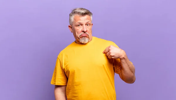 Old Senior Man Looking Arrogant Successful Positive Proud Pointing Self — Foto de Stock