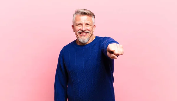 Old Senior Man Pointing Camera Satisfied Confident Friendly Smile Choosing — Foto Stock