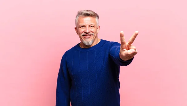 Old Senior Man Smiling Looking Happy Carefree Positive Gesturing Victory — Stockfoto