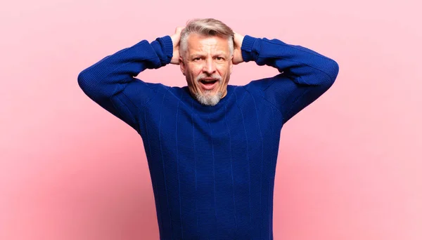 Old Senior Man Feeling Stressed Worried Anxious Scared Hands Head — Fotografia de Stock