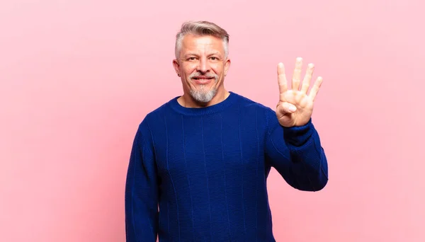 Old Senior Man Smiling Looking Friendly Showing Number Four Fourth — Stockfoto