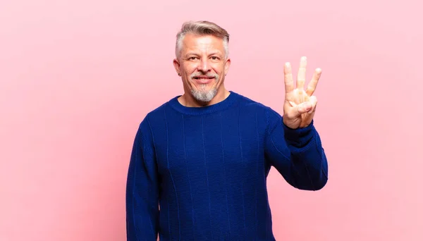 Old Senior Man Smiling Looking Friendly Showing Number Three Third — Stockfoto