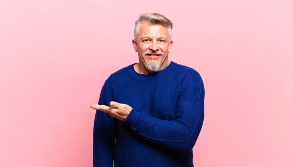 Old Senior Man Smiling Cheerfully Feeling Happy Showing Concept Copy — Stockfoto