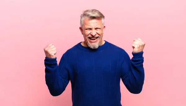 Old Senior Man Shouting Aggressively Angry Expression Fists Clenched Celebrating — Fotografia de Stock