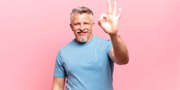 Old Senior Man Feeling Happy Relaxed Satisfied Showing Approval Okay — Foto Stock