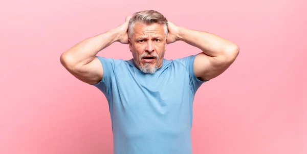 Old Senior Man Feeling Stressed Worried Anxious Scared Hands Head — Fotografia de Stock