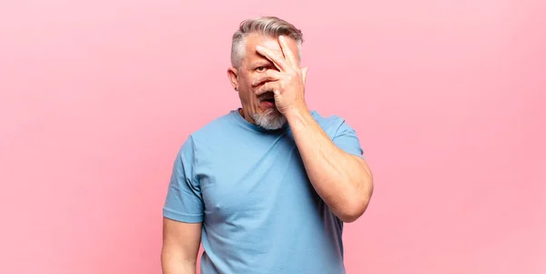 Old Senior Man Looking Shocked Scared Terrified Covering Face Hand — Foto de Stock