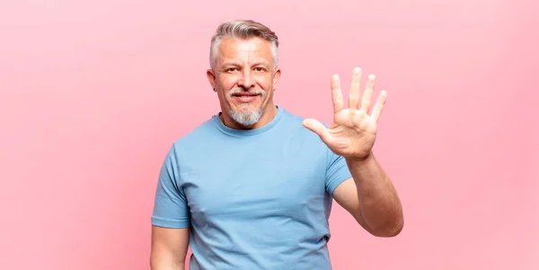 Old Senior Man Smiling Looking Friendly Showing Number Five Fifth — Foto Stock