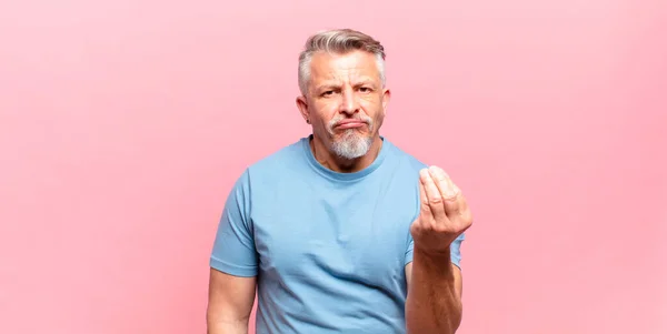 Old Senior Man Making Capice Money Gesture Telling You Pay — Stock Photo, Image