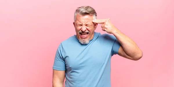 Old Senior Man Looking Unhappy Stressed Suicide Gesture Making Gun — Photo