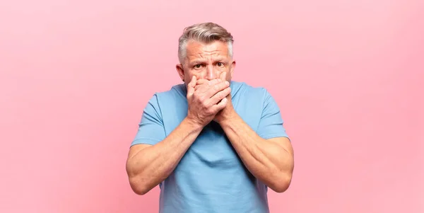 Old Senior Man Covering Mouth Hands Shocked Surprised Expression Keeping — Photo