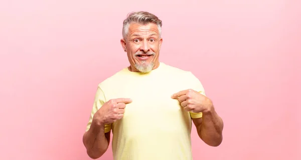 Old Senior Man Feeling Happy Surprised Proud Pointing Self Excited — Stock Photo, Image