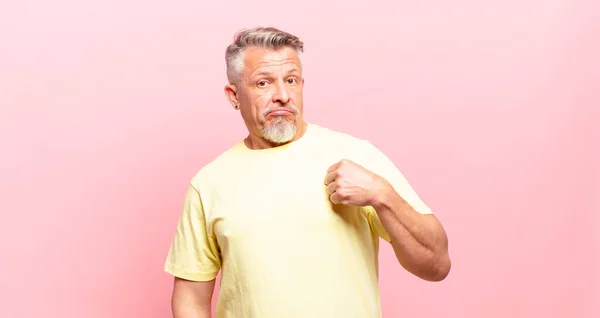 Old Senior Man Looking Arrogant Successful Positive Proud Pointing Self — Foto de Stock