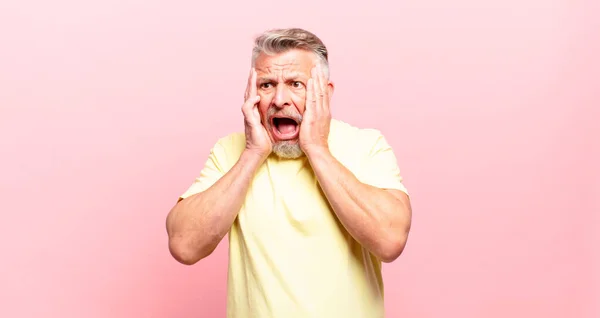 Old Senior Man Feeling Happy Excited Surprised Looking Side Both — Stockfoto