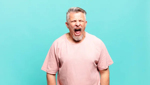 Old Senior Man Shouting Aggressively Looking Very Angry Frustrated Outraged — Fotografia de Stock